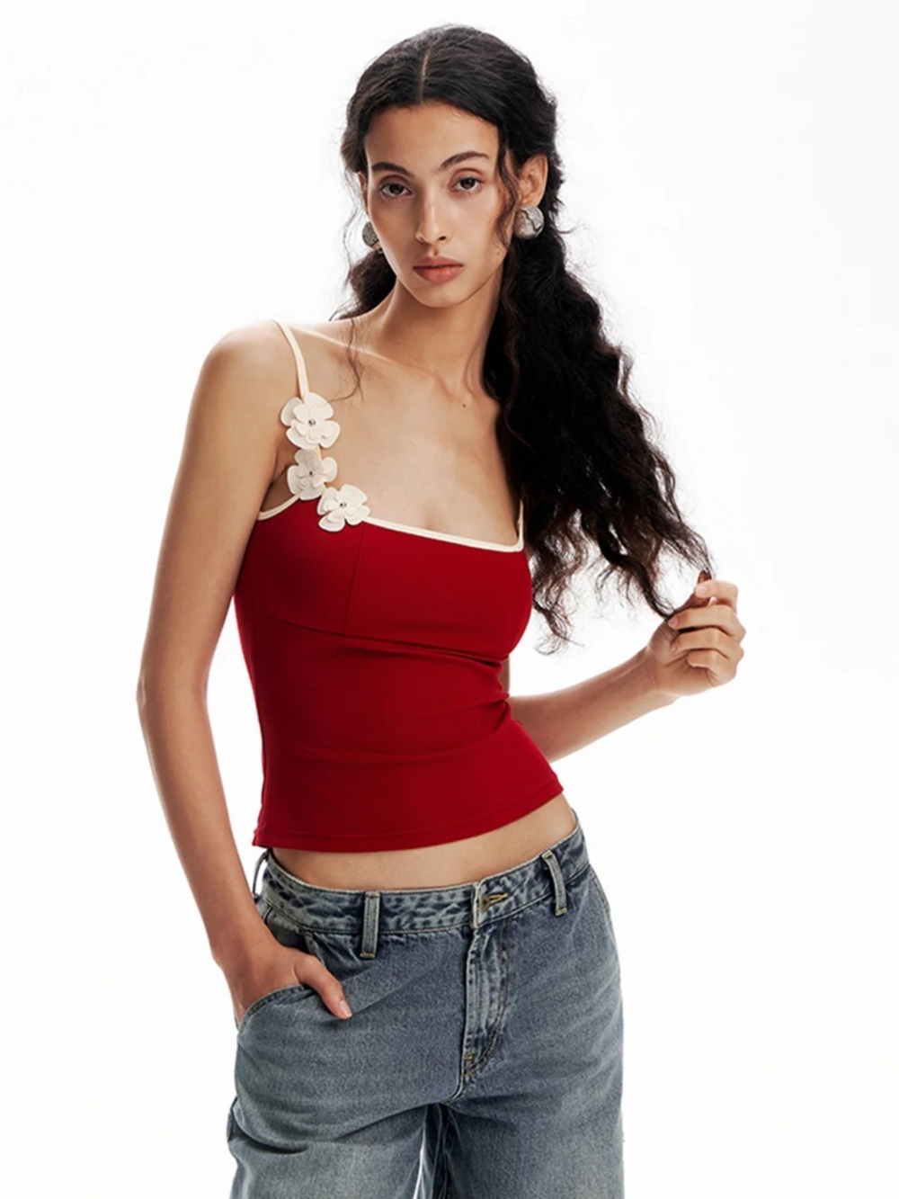 Commense Red Floral-Trim Tank with Cream Accents